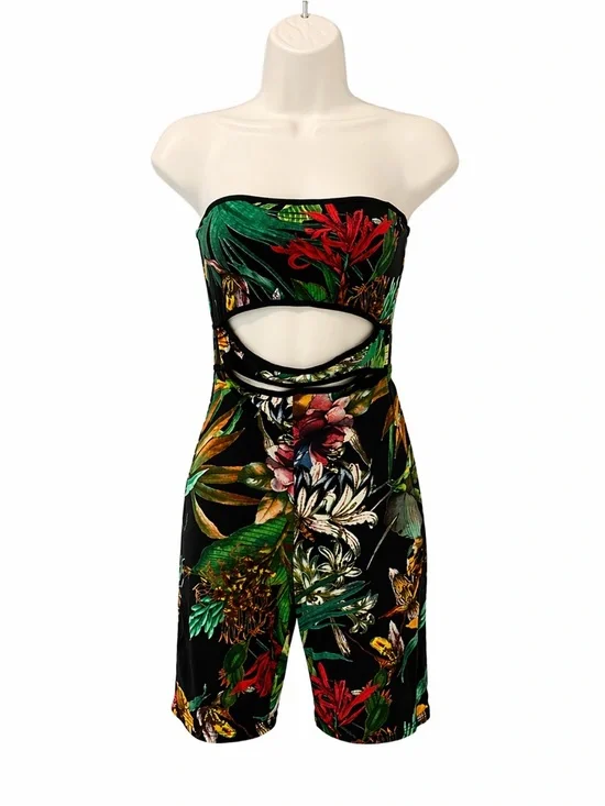 Fashion Nova Womens S Black Tropical Floral Strapless Cutout Romper Shorts Lined - Picture 2 of 10